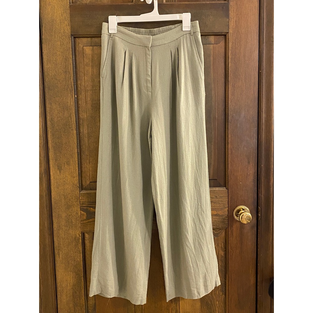 F&F Sage Green Linen Rich Wide Leg Pleated Trousers Pants UK 10 EUR 38 US 6